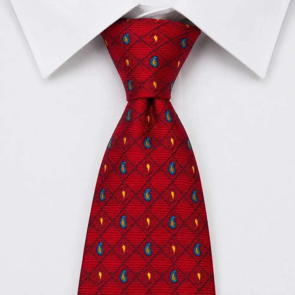 Harold Powell Silk Necktie‎ Mens OS Red Paisley Diamond Handmade Italy Wide Tie